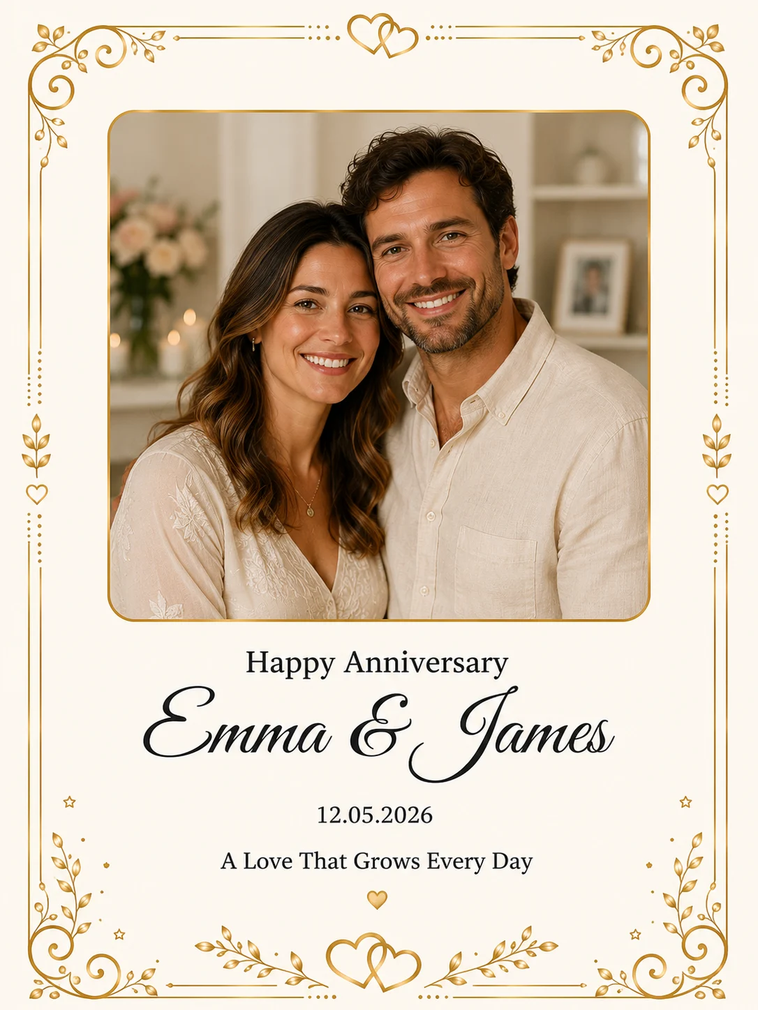 Personalised anniversary memory book example for Emma and James
